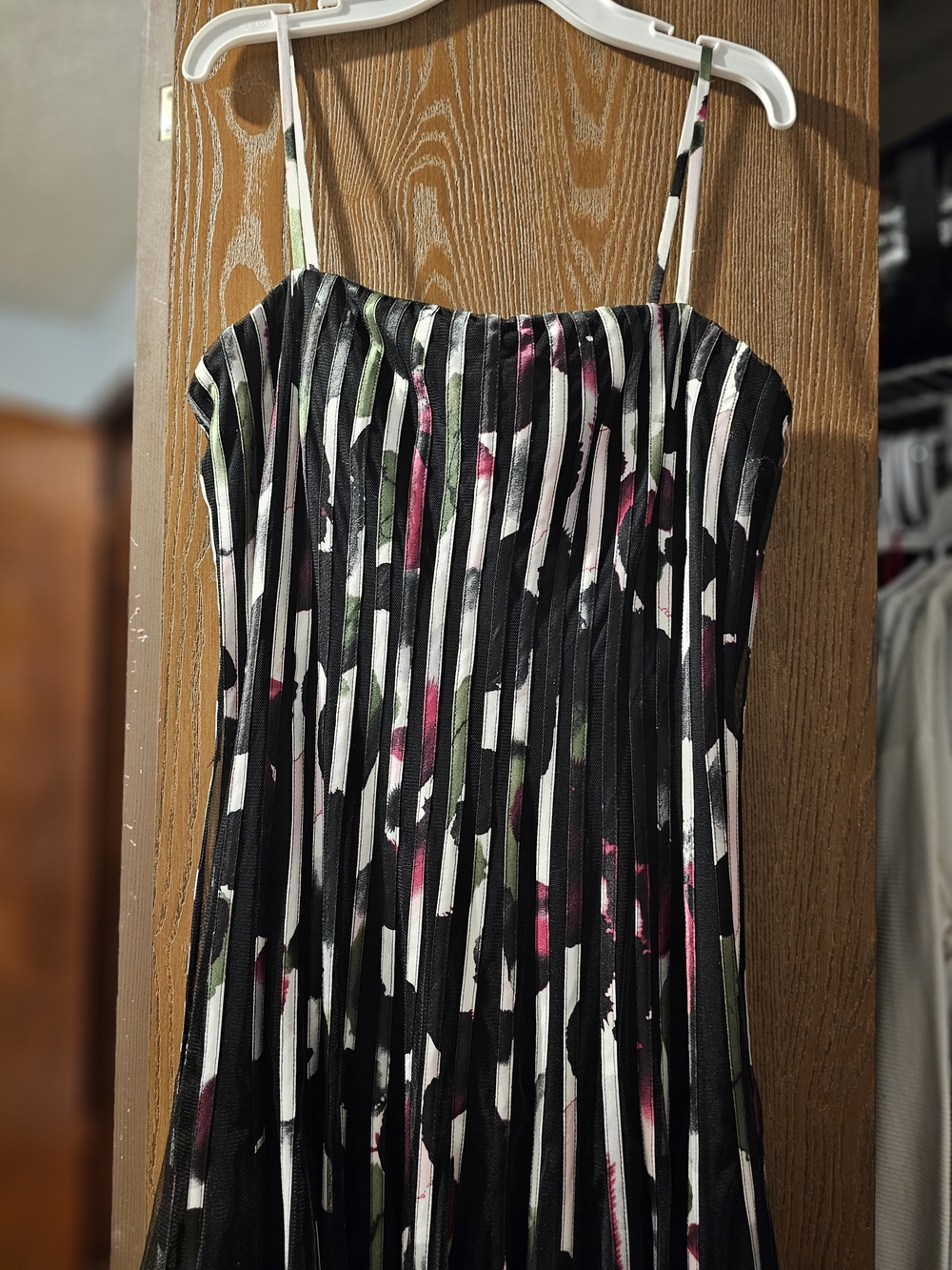 Cache Black Pleated Slip Dress with White, Pink, and Green Accents